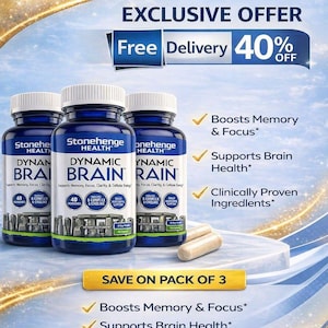 May include: An advertisement for Stonehenge Health Dynamic Brain supplements. Three blue bottles with white caps are displayed, along with capsules. The text highlights benefits like boosting memory and focus, and supporting brain health.