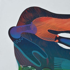 May include: Abstract art print featuring layered shapes in shades of blue, orange, purple, and green. The artwork has a textured appearance with intricate line details, creating a dynamic and colorful composition on a white background.