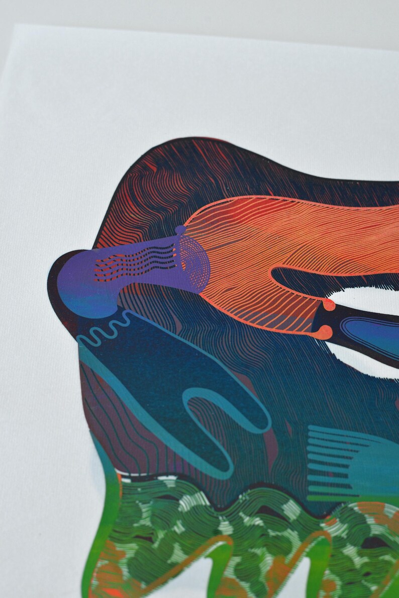 May include: Abstract art print featuring layered shapes in shades of blue, orange, purple, and green. The artwork has a textured appearance with intricate line details, creating a dynamic and colorful composition on a white background.