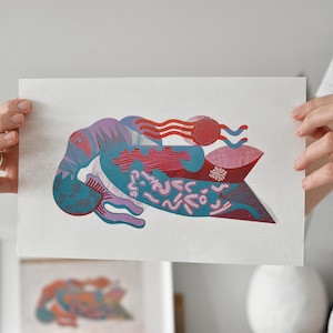 Handmade, original, graphic artwork made using the screen printing technique - limited edition fish illustration