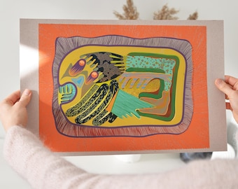 May include: A rectangular art print on heavy paper featuring a central abstract design with yellow, green, black, and orange tones. The composition includes organic shapes, dotted textures, and two prominent circular orange forms, all enclosed within a dark purple border and a vibrant orange frame.