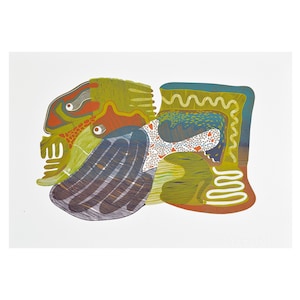 May include: Abstract artwork featuring a collection of organic shapes in shades of green, orange, blue, and brown. The composition includes wavy lines and dotted patterns, set against a white background.