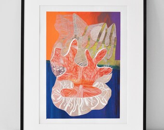 May include: Abstract art print in a black frame. The artwork features a vibrant composition with orange, blue, and purple hues. The central focus is a coral-like shape in shades of red and white, creating a dynamic visual experience.