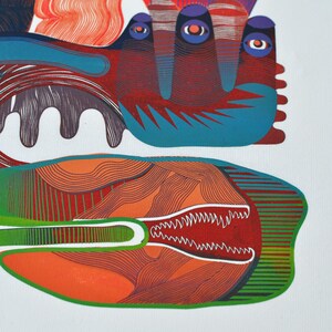 May include: Abstract art print featuring a colorful design with red, orange, blue, and green hues. The artwork has a unique, stylized aesthetic with organic shapes and intricate line work. The print is on a white background.