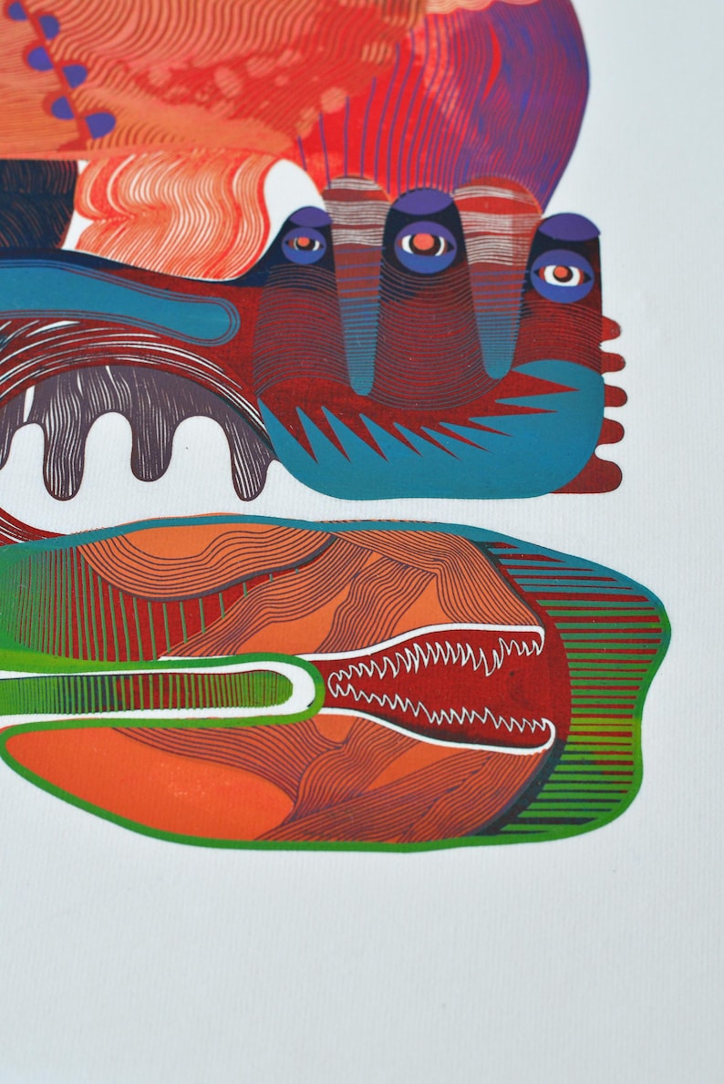 May include: Abstract art print featuring a colorful design with red, orange, blue, and green hues. The artwork has a unique, stylized aesthetic with organic shapes and intricate line work. The print is on a white background.