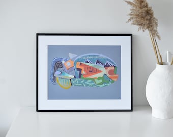 Abstract geometric fish art print - Aquatic life theme artwork - Small fish painting