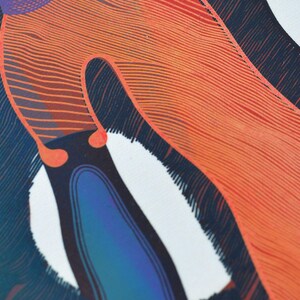 May include: Abstract art print featuring a close-up of a design with orange, purple, blue, and white elements. The artwork has a textured, layered appearance with curved lines and shapes. The color palette includes shades of orange, blue, and purple.
