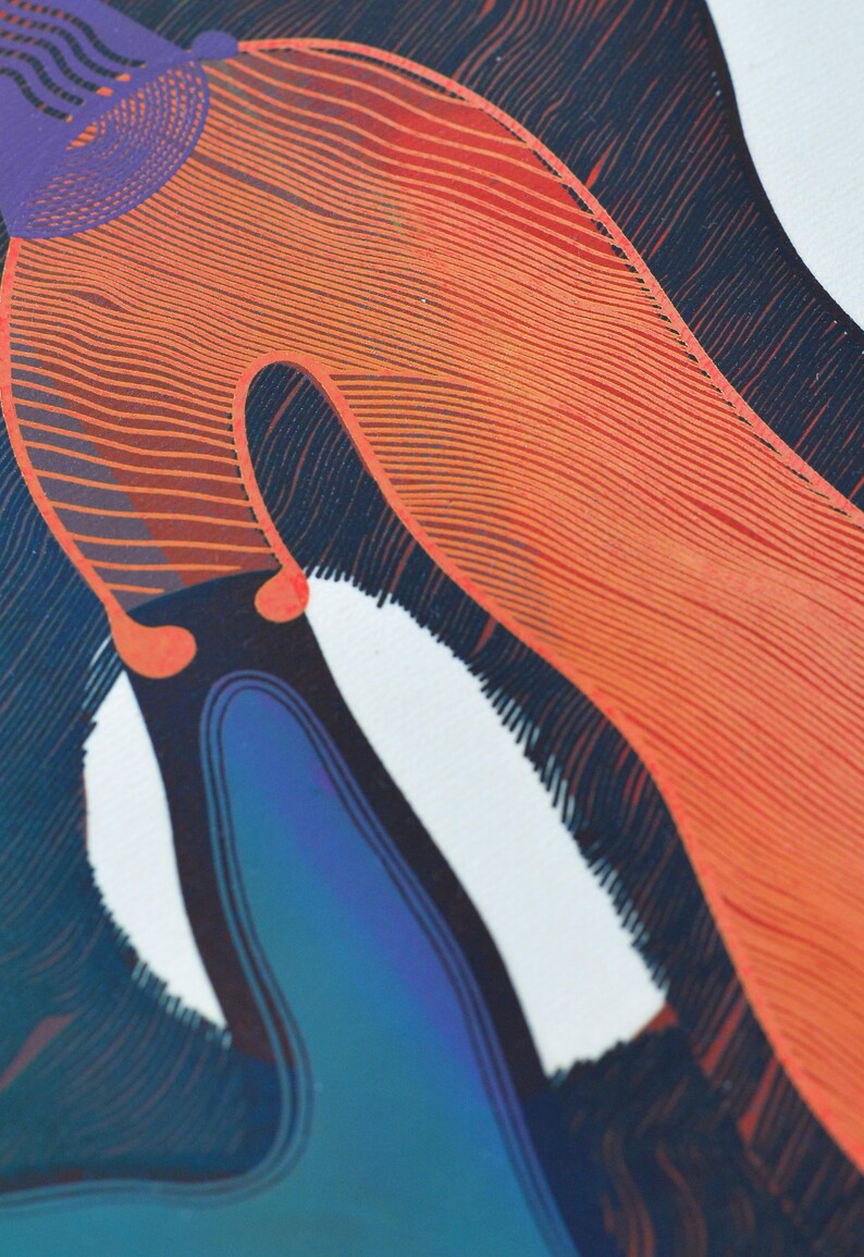May include: Abstract art print featuring a close-up of a design with orange, purple, blue, and white elements. The artwork has a textured, layered appearance with curved lines and shapes. The color palette includes shades of orange, blue, and purple.