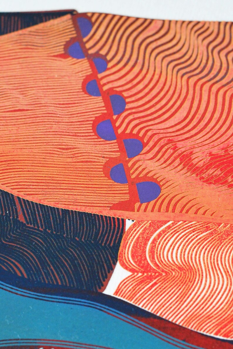 May include: Abstract artwork featuring a vibrant composition of colors and textures. The image showcases a blend of orange, red, blue, and white hues, with a focus on curved lines and geometric shapes. The design includes a series of purple half-circles.