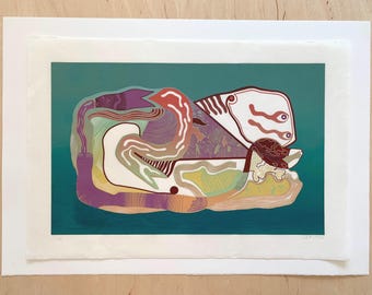Grafische wanddecoratie - Modern kunstwerk met visthema - Unieke zeefdruk