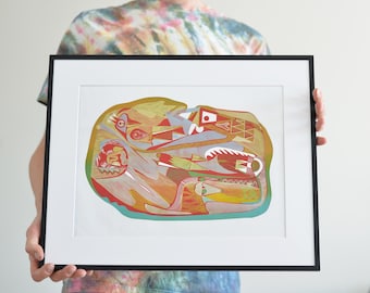 Estampado de peces moderno, original y único, sobre papel de arroz - Obra de arte gráfica de peces hecha a mano