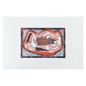 May include: Abstract art print featuring a central red and black shape with white brushstrokes, set against a brick-like border. The artwork is on a white background, creating a striking contrast.