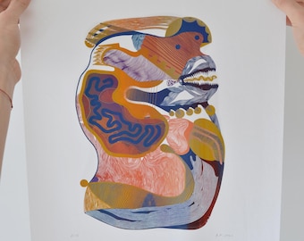 Serigrafía de silueta de pez - Dibujo lineal colorido de pez