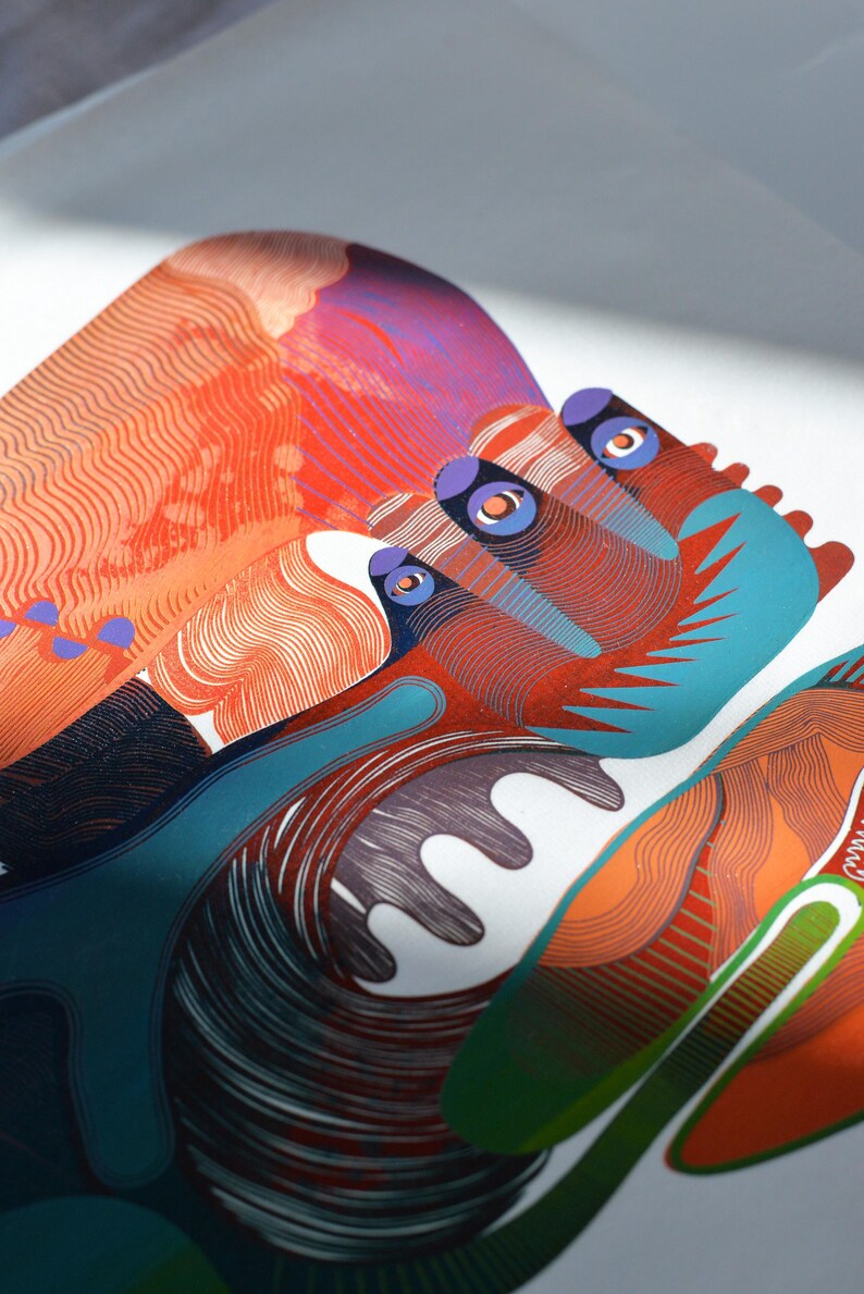May include: Abstract art print featuring a close-up of a colorful design. The artwork showcases a blend of orange, red, blue, and purple hues with intricate line work. The composition includes organic shapes and patterns, creating a visually engaging piece.