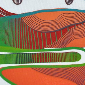 May include: Abstract art print featuring a colorful landscape with orange, green, and red hues. The artwork includes curved lines and vertical stripes, creating a dynamic and textured composition. The print has a white background.