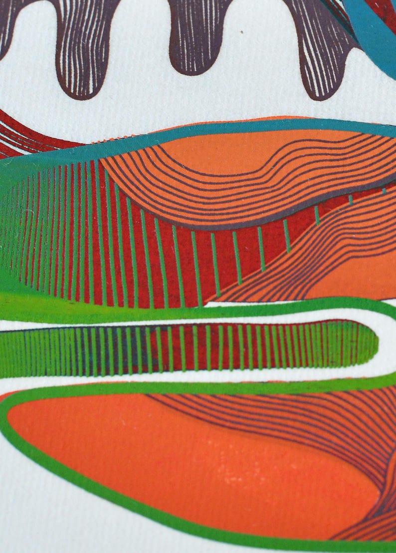 May include: Abstract art print featuring a colorful landscape with orange, green, and red hues. The artwork includes curved lines and vertical stripes, creating a dynamic and textured composition. The print has a white background.