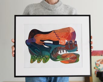 Original handmade oil paint art print - Sea inspired mid century style wall art