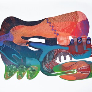 May include: Abstract art print featuring a colorful, organic design. The artwork showcases a blend of blues, oranges, reds, and greens, with intricate line work and textured patterns. The composition is dynamic and visually engaging.