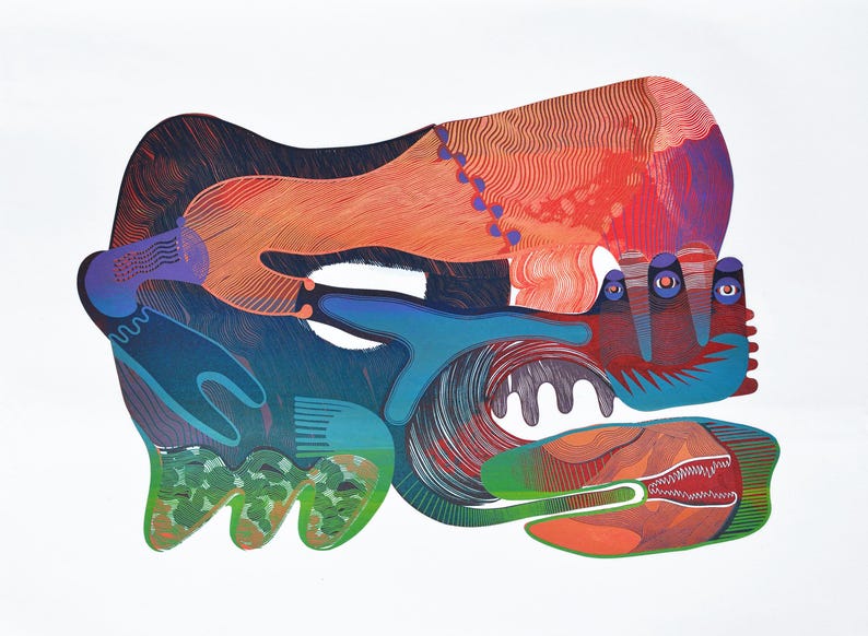 May include: Abstract art print featuring a colorful, organic design. The artwork showcases a blend of blues, oranges, reds, and greens, with intricate line work and textured patterns. The composition is dynamic and visually engaging.