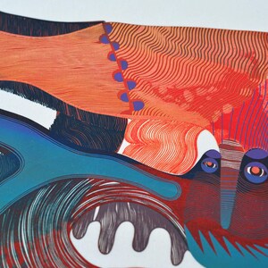 May include: Abstract art print featuring a vibrant mix of colors and patterns. The artwork showcases a combination of red, orange, blue, and green hues, with intricate line work and shapes. The design includes eye-like shapes and wave-like forms.