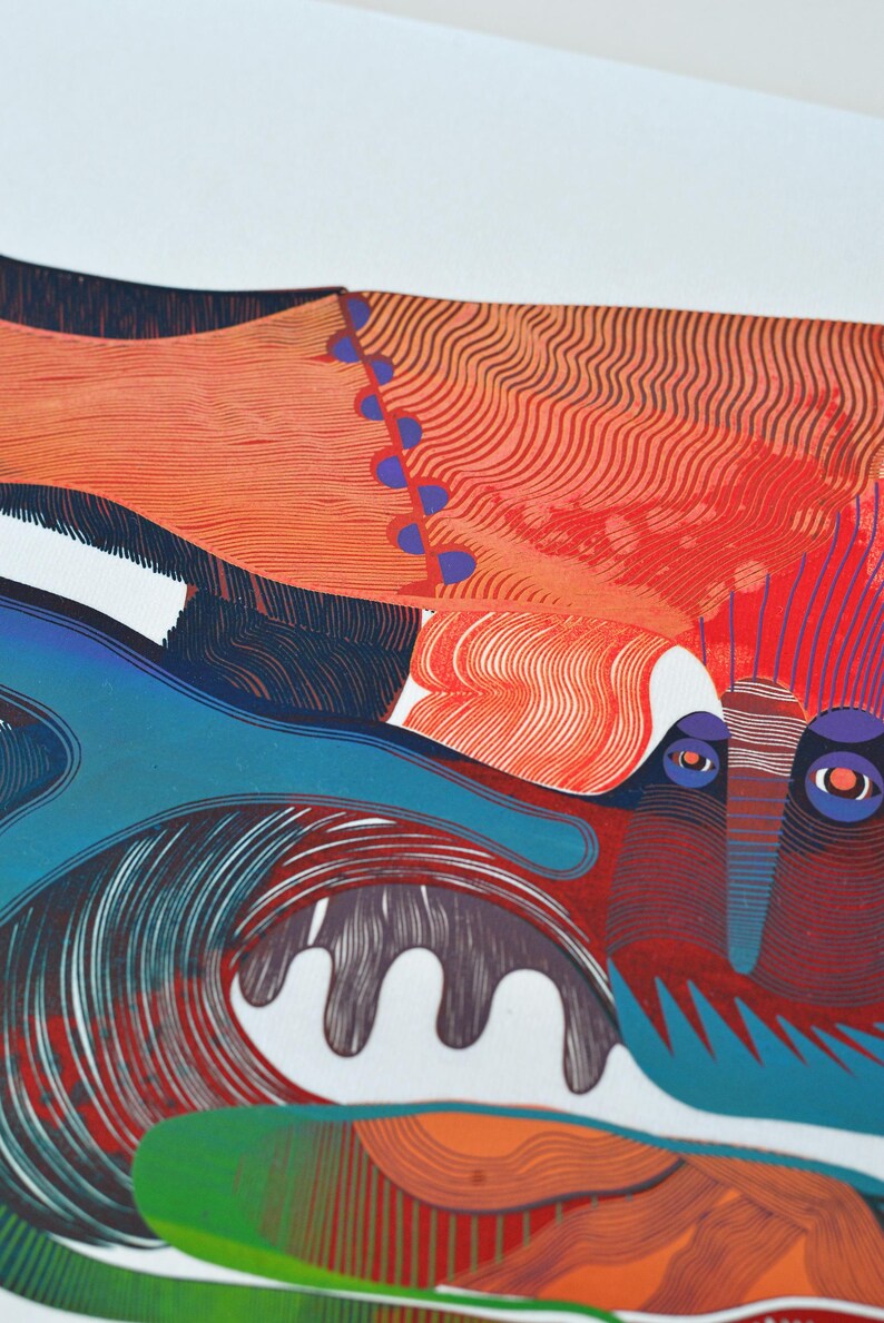 May include: Abstract art print featuring a vibrant mix of colors and patterns. The artwork showcases a combination of red, orange, blue, and green hues, with intricate line work and shapes. The design includes eye-like shapes and wave-like forms.