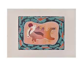 Estampado serigráfico hecho a mano con formas orgánicas y colores vibrantes.