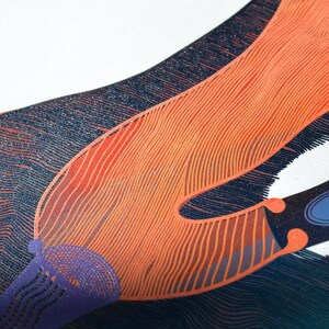 May include: Abstract art print featuring a close-up of a design with orange, navy blue, and purple hues. The artwork showcases curved lines and shapes, creating a dynamic and textured visual effect. The design is set against a white background.