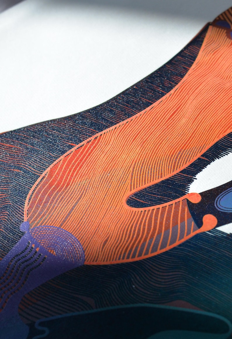 May include: Abstract art print featuring a close-up of a design with orange, navy blue, and purple hues. The artwork showcases curved lines and shapes, creating a dynamic and textured visual effect. The design is set against a white background.