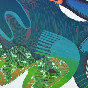 May include: Abstract art print featuring a vibrant composition of organic shapes and lines. The artwork showcases a blend of colors, including shades of blue, green, orange, and purple, creating a dynamic and visually engaging design.