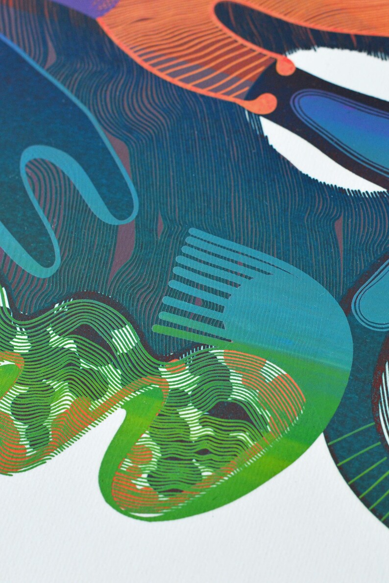 May include: Abstract art print featuring a vibrant composition of organic shapes and lines. The artwork showcases a blend of colors, including shades of blue, green, orange, and purple, creating a dynamic and visually engaging design.