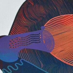 May include: Abstract art print featuring layered shapes and textures. The artwork uses a color palette of deep blues, purples, and oranges, with intricate line patterns creating depth and visual interest. The design evokes a sense of movement.