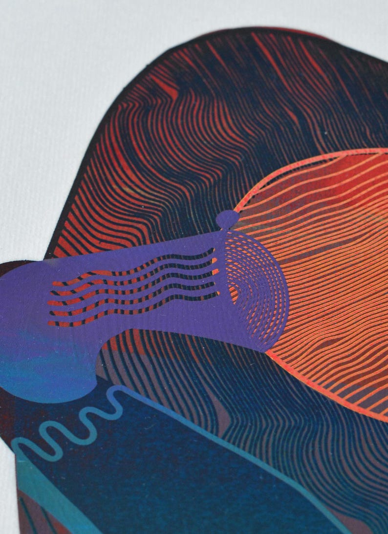 May include: Abstract art print featuring layered shapes and textures. The artwork uses a color palette of deep blues, purples, and oranges, with intricate line patterns creating depth and visual interest. The design evokes a sense of movement.