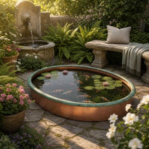 Peut inclure: Un bassin ovale en cuivre avec un rebord patiné vert, contenant plusieurs poissons koï et des nénuphars flottants. Le bassin est situé sur une terrasse en pierre entourée de fougères vertes, de fleurs roses et d'une fontaine en pierre.
