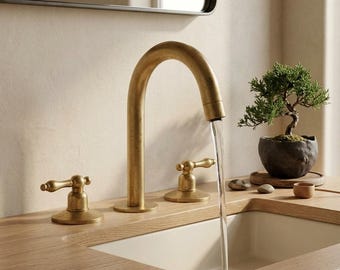 Unlacquered Brass Bridge Kitchen Faucet, Vintage Gooseneck Sink Mixer Tap, 3 Hole Faucet