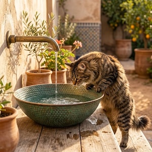 May include: A brown tabby cat drinks water from a green, textured bowl. Water flows from a brass faucet into the bowl, which sits on a wooden surface. Potted plants and a wall are in the background.