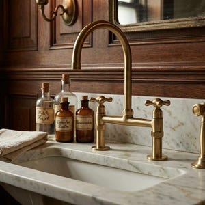 May include: A bathroom sink featuring a gold-coloured tap and sprayer. The sink is set on a marble countertop, with several vintage-style glass bottles with labels. A folded beige towel rests on the counter.