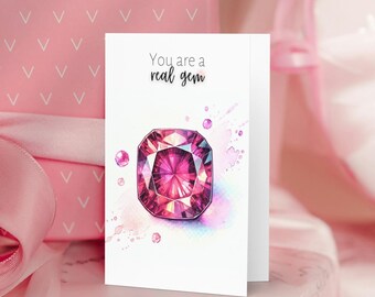 Watercolor Pink Tourmaline Birthday Card, October birthstone art gift, crystal cards, gemstone art, natural tourmaline, wife birthday card