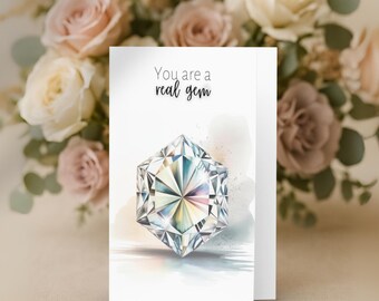 Watercolor Hexagon Cut Diamond Folded Greeting Card for April birthdays and anniversaries, Diamond Birthstone Gift, Encouragement card