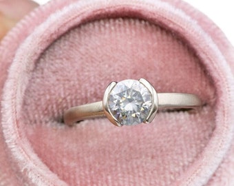 1ct Round Gray Moissanite Half Bezel Solitaire 14k White Gold Engagement Ring, Ready to Ship, Bezel Wedding Ring, Gray Moissanite Ring