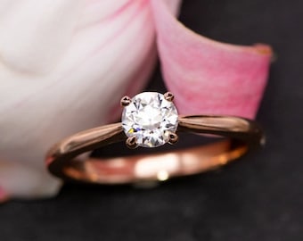 Classic Moissanite Solitaire, Prong Set Old European Cut Moissanite, 14k Rose Gold Julia Engagement Ring, size 4 to 9, Promise Ring