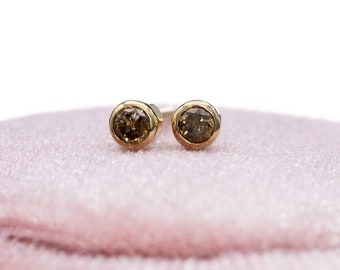 Tiny Diamond Studs, Cognac colored Diamond Earrings, Bezel Set 14k Yellow Gold Stud Earrings, Ready to Ship, Gift for her, April Birthstone