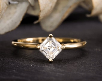 Asscher Cut Moissanite Engagement Ring, Cora Compass Prong Set Moissanite, 18k Gold Solitaire Ring, Gift For Her, Unique Promise Ring