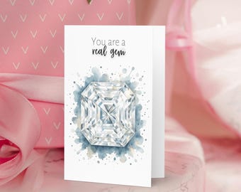 Digital Printable Diamond Thank You Card, Watercolor Asscher Diamond Gemstone Art, April Birthstone DIY Jeweler Birthday, Mothers Day Card