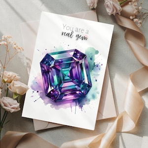 Asscher Cut Alexandrite Birthday Card, Watercolor Gem Art, Folded Thank You Card, June Birthstone, Anniversary Gift, Gemstone Crystal Card