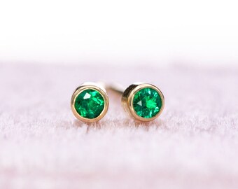 Tiny Green Emerald Studs, Small Bezel Set 14k Yellow Gold Stud Earrings, Ready to Ship, Gift for her, May Birthstone Jewelry, Gift for Mom