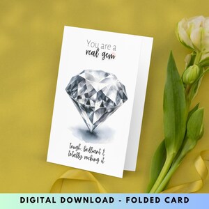 Digital Printable Diamond Thank You Card, Watercolor Gray Diamond Gemstone Art, April Birthstone DIY Birthday, Anniversary Card for Jeweler