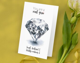 Digital Printable Diamond Thank You Card, Watercolor Gray Diamond Gemstone Art, April Birthstone DIY Birthday, Anniversary Card for Jeweler