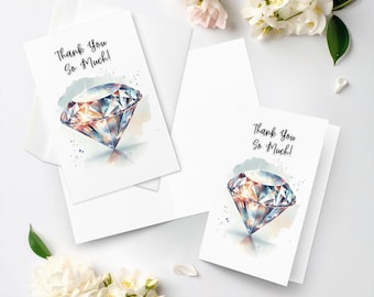 Thank You So Much Diamond Illustration Greeting Card Set | 10 Pack Folded Cards with Watercolor Print and Envelopes