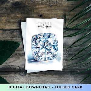 Moissanite Digital Thank You Card, Cushion Cut April Birthstone, Printable Watercolor Gemstone Art, Wife Birthday Card, DIY Greeting Card