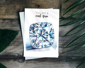 Moissanite Digital Thank You Card, Cushion Cut April Birthstone, Printable Watercolor Gemstone Art, Wife Birthday Card, DIY Greeting Card